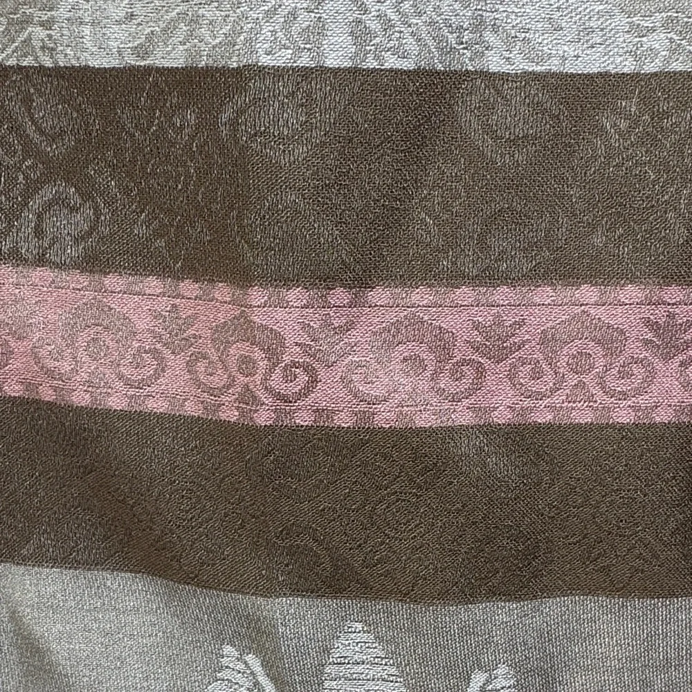 Elegant Pink and Brown Silk Striped Scarf with Angkor Wat Motif.